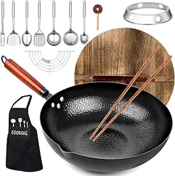 Carbon Steel Wok Pan 14-Piece Set with Lid