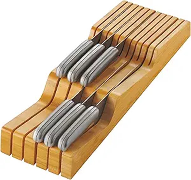 In-Drawer Bamboo Knife Organizer for 5 Long 6 Short Knives