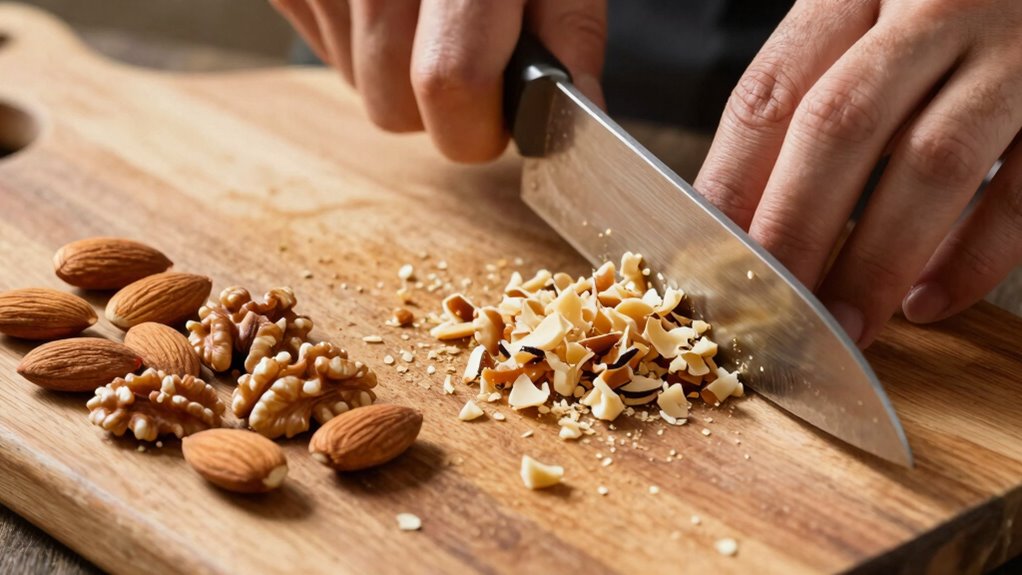 chopping nuts carefully with knife