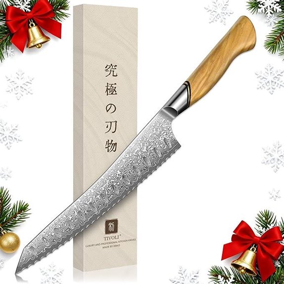 TIVOLI Damascus Bread Knife with Olive Wood Handle