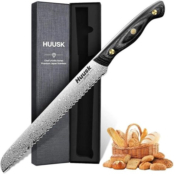 Huusk Damascus Serrated Bread Knife with Wooden Handle