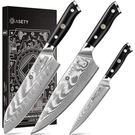 Damascus Kitchen Knife Set 3 Pcs with VG10 Steel