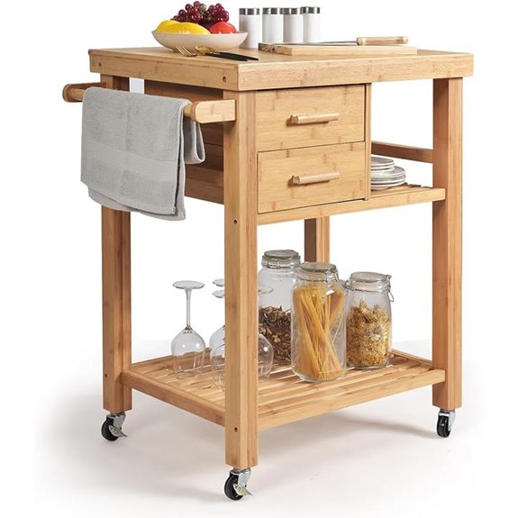 Rolling Bamboo Kitchen Island Cart with Drawers & Shelves