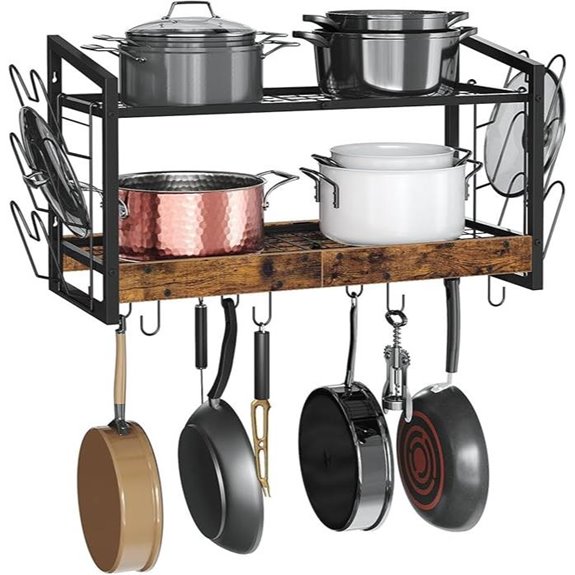 Wall-Mounted 2-Tier Pot Rack with Hooks